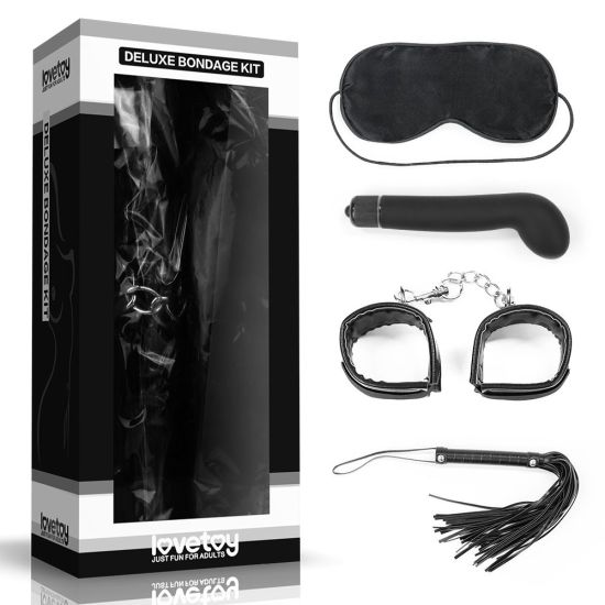 Sada Deluxe Bondage Kit farba čierna, maska na oči, bič, putá na ruky a vibrátor na bod G